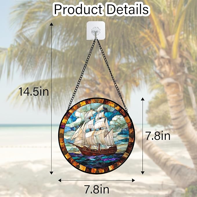 Stained Glass Window Hanging, Sailing Ocean Sun Catchers Glass Panel Navigation Suncatcher Decor for Birthday for Women, Men, Wife, Aunt, and Mom 7.8 in
