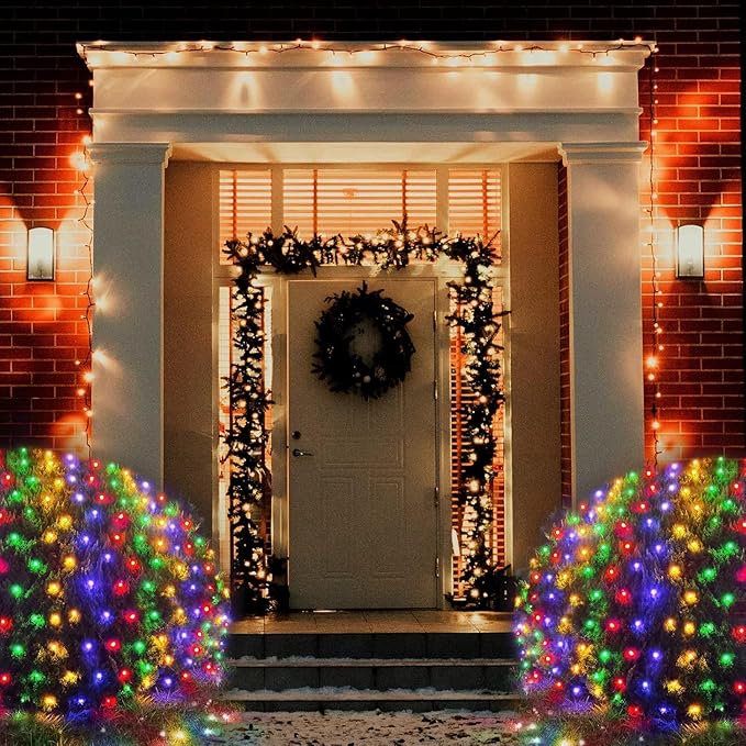 Colorful Net Lights Outdoor, 300 LED Christmas Net Mesh Lights for Bushes 14.8x4.9ft, 8 Modes Waterproof Twinkle String Light Connectable for Christmas Hedge Yard Garden Party Decor