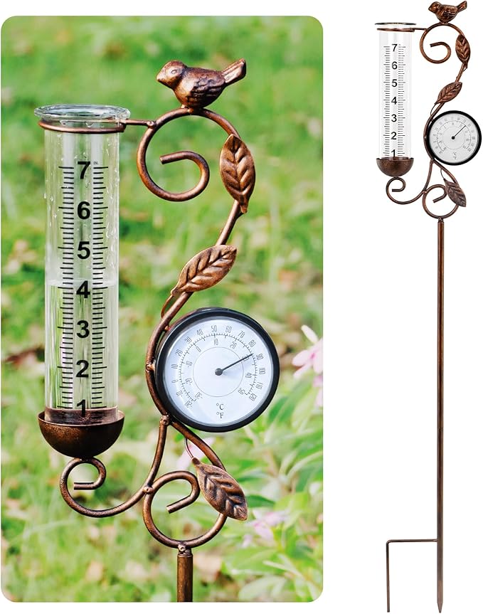 32" Garden Rain Gauge with Thermometer - 7" Glass Tube for Outdoor Indoor Use, Patio Yard Decor Statue