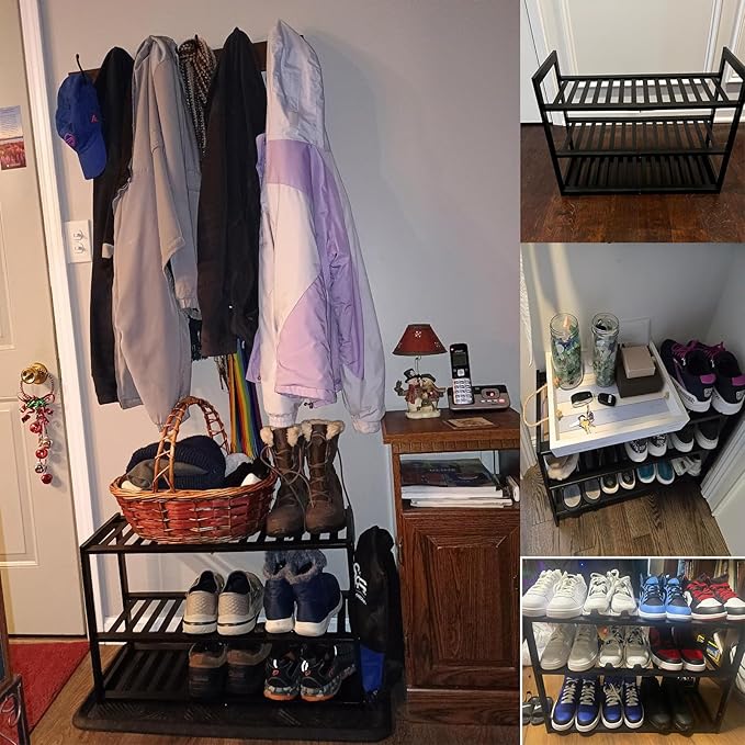 Bamboo Shoe Rack for Entryway, Stackable 3 Tier Shoe Organizer Shelf Storage 9-12 Pairs Shoes Stand Cubby for Closet Door Hallway Bedroom Garage Black, Thanksgiving