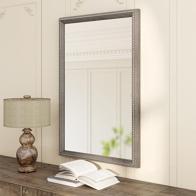 Axeman 24x36 Wood Wall Mirror, Rustic Bathroom Mirror, Vintage Wall Mounted Mirror Tempered Glass with Beaded Wooden Frame for Farmhouse Living Room Vanity Bedroom Entryway, Grey