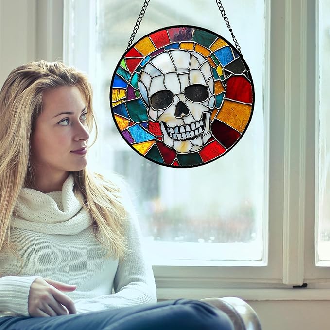 Stained Glass Window Hanging Halloween Horror White Skull Large 15" - Suncatcher Door Garden Kitchen Sun Catcher Home Gothic Decor Birthday for Mom Men Woman Friend Grandma