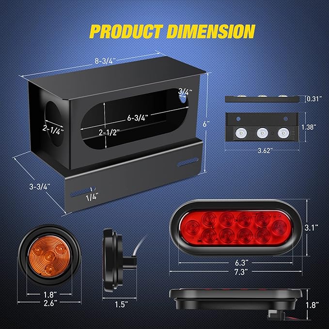 Nilight 2PCS Steel Trailer Light Boxes Housing Kit w/ 6Inch Oval Red Tail Lights 2 Inch Round Amber Side Marker 3LED License Plate Lighting w/Grommet Plugs