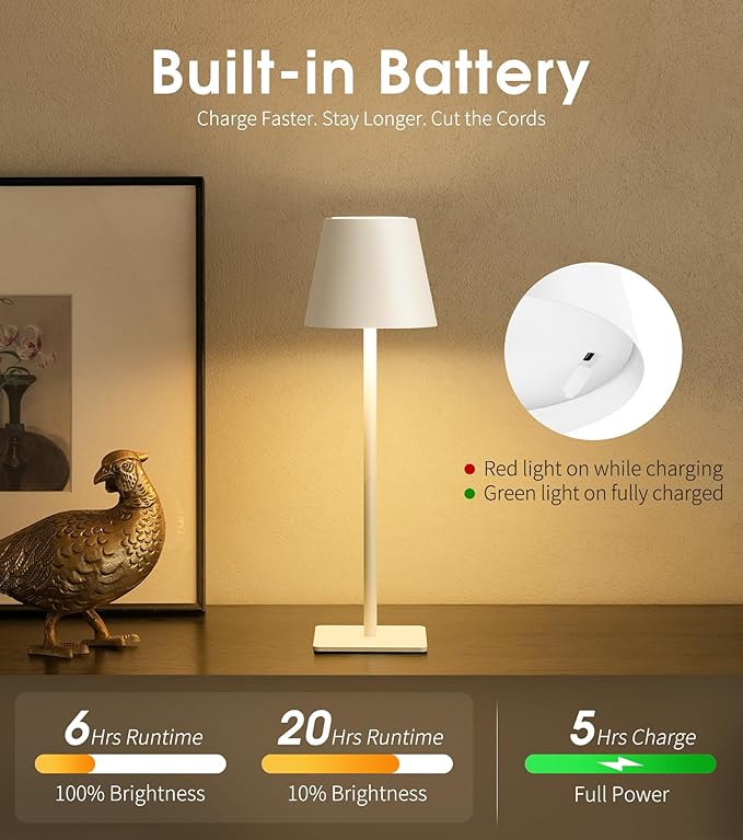 UME Cordless Table Lamp, Battery Operated Lamp - Portable Waterproof Rechargeable Table Lamp w/ 3 Color Temps & Stepless Dimming for Dinner, Desk, Cafe, Outdoor (White)