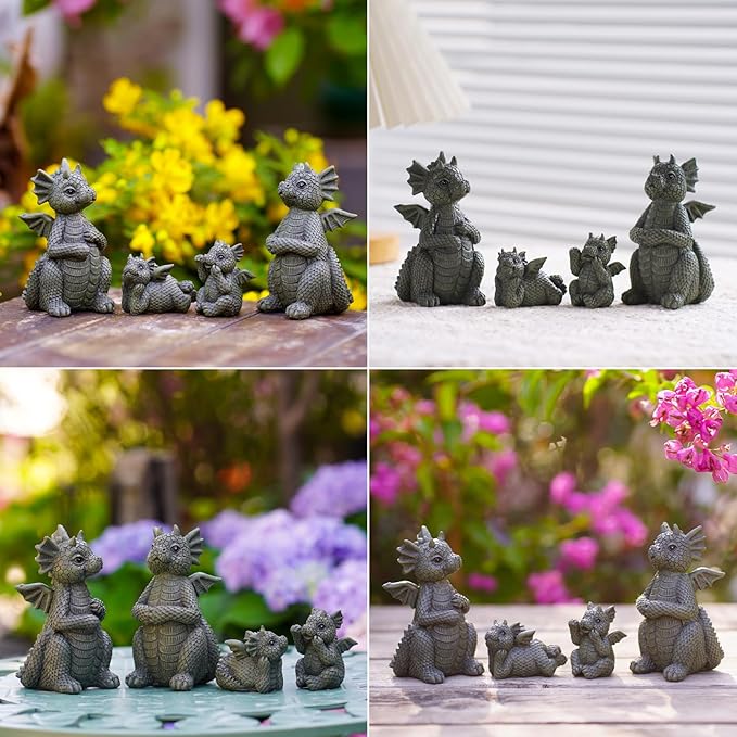 Nacome Dragon Statues for Fairy Garden Accessories: Outdoor Set of 4 Table Sculptures for Clearance Outside Lawn Ornaments Porch Patio Balcony Yard – Gifts for Mom Grandma