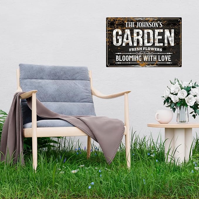 Custom Garden Blooming with Love Sign, Christmas Season, Personalized Name for Backyard/Flower Garden Décor Sign, 12x18 Inches, Rust Free .063 Aluminum, Fade Resistant, Made in USA by Sigo Signs