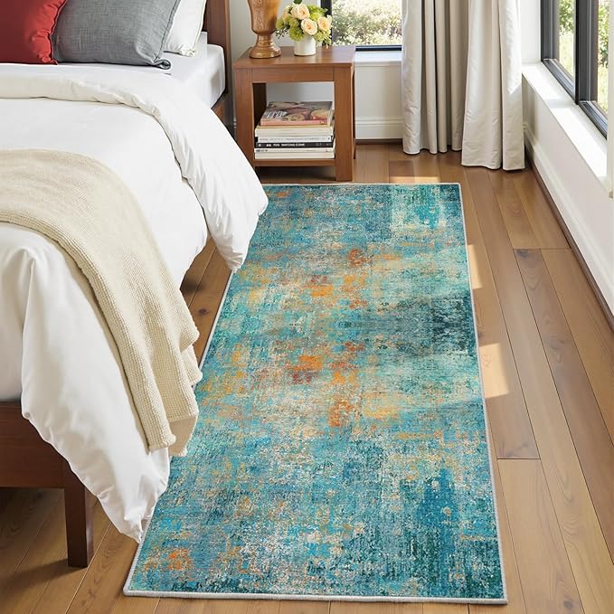 Washable Area Rugs 2'x6' Non-Slip Modern Abstract Soft for Living Room Entryway Bedroom Nursery, Print Pattern, Teal Blue Green Orange Rust Red Colorful