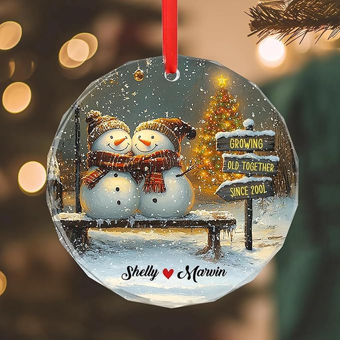 NAZENTI Personalized Snowman Couple Ornament 2025, Custom Glass Christmas Ornaments with Names, Snowman Lovers Holiday Decoration, Romantic Gift for Couples Newlyweds Keepsake 04