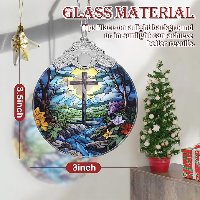 Religious Christmas Ornament, Stained Glass Christian Ornament, Christmas Tree Ornaments, Christmas Decoration, Holiday Ornament, Cross Home Decor, Gift Exchange, Gift Idea - Cross and River
