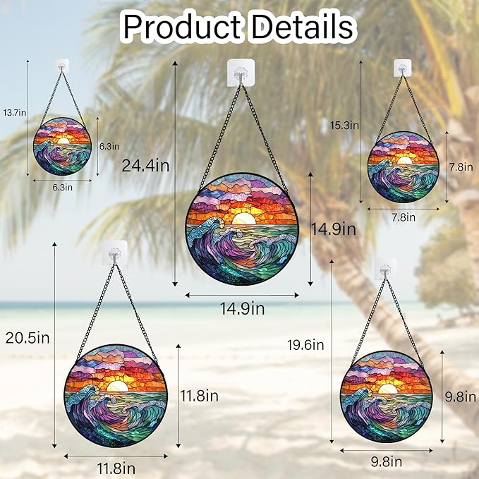 Stained Glass Window Hanging, Clouds and Sea Waves Suncatcher Diamond Glass Panel Hangings Scenery Sun Catchers Decor for Birthday for Women, Men, Wife, Aunt, and Mom 14.9 in