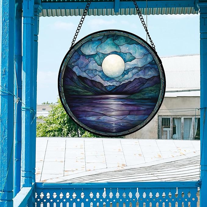 Stained Glass Window Hanging, Blue Night Moon Lake Sun Catchers Colorful Glass Panel Landscape Suncatcher Decor for Birthday for Women, Men, Wife, Aunt, and Mom 14.9x14.9 in