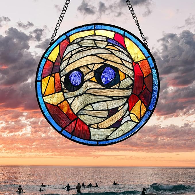 Stained Glass Window Hanging Halloween Blue-Purple Eyeball Mummy Large 15" - Suncatcher Door Garden Sun Catcher Gothic Decor Birthday Horror Funny Gift for Mom Woman Nana Friend Men