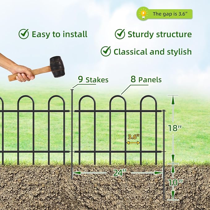 Metal Garden Fence 18 in H x 16 ft L, No dig Garden Border Yard Fencing, Dog Fence Outdoor Temporary Animal Barrier for Flower Bed Lawn and Patio, 8 Panels + 9 Stakes Black