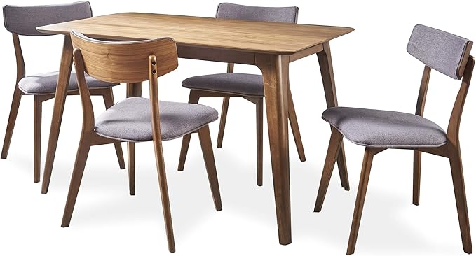 Christopher Knight Home Megann Mid-Century Wood Dining Set with Fabric Chairs, 5-Pcs Set, Natural Walnut / Dark Grey