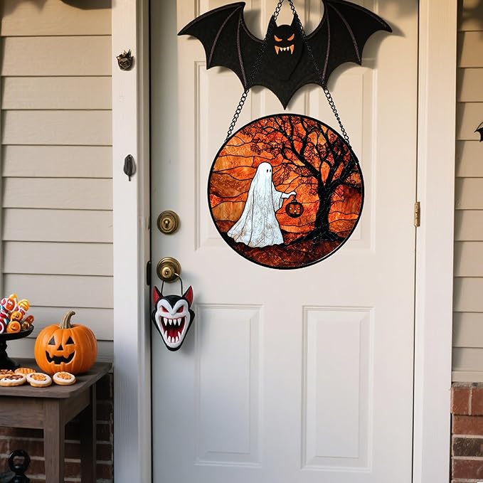 Stained Glass Window Hanging - Halloween Ghost Holding A Pumpkin Lantern Suncatcher for Door Garden Spooky Tree Sun Catchers Gothic Decorations Horror Gifts for Women Men Friend 15 in