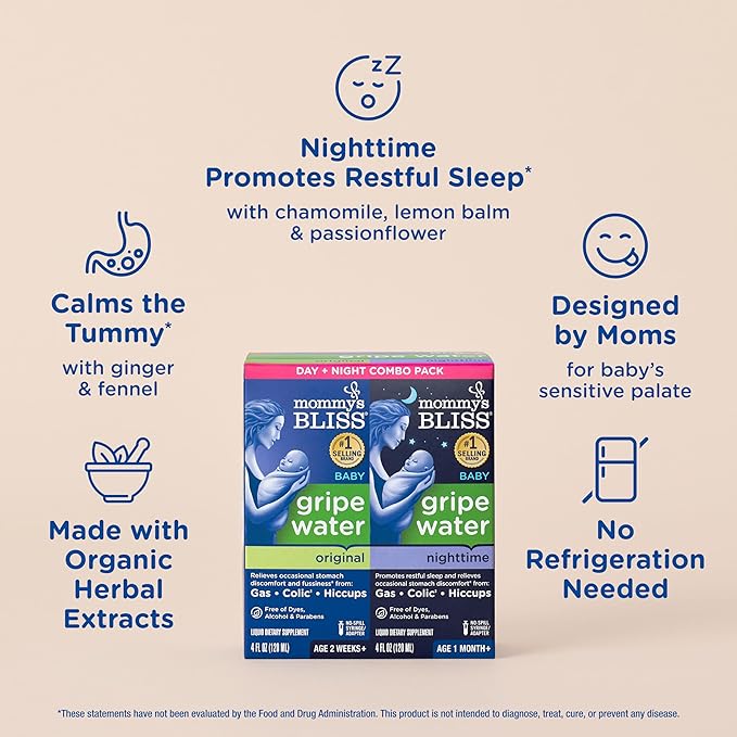 Mommy's Bliss Gripe Water Day & Night Combo, Infant Gas & Colic**, Gripe Water for Babies, Gentle & Safe, 1 Month+, 4 Fl Oz (Pack of 2)