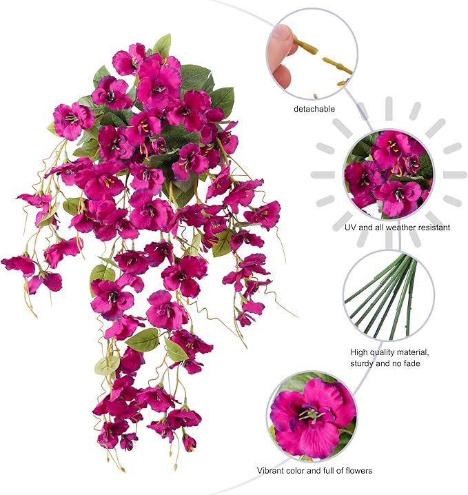 Artificial Hibiscus Fake Hanging Flowers Plants for Outdoors Spring Summer Decor, 2pcs Fuchsia Silk Hibiscus Long Trailing Vines UV Resistant Realistic Faux Flower for Outside Front Door Porch Patio