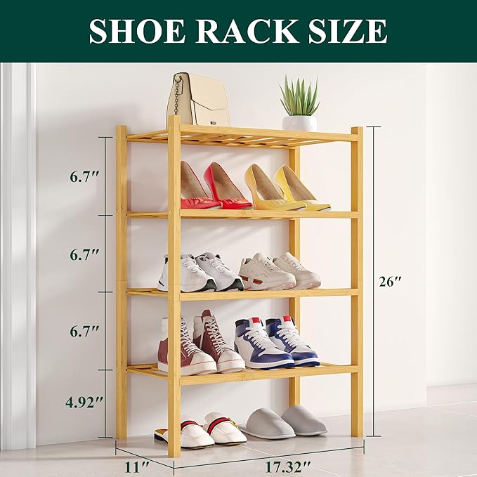 Smiry Shoe Rack, 4 Tier Small Bamboo Shoe Organizer, Stackable Free Standing Wooden Shoe Storage Shelf for Closet, Entryway, Front Door Entrance, Natural
