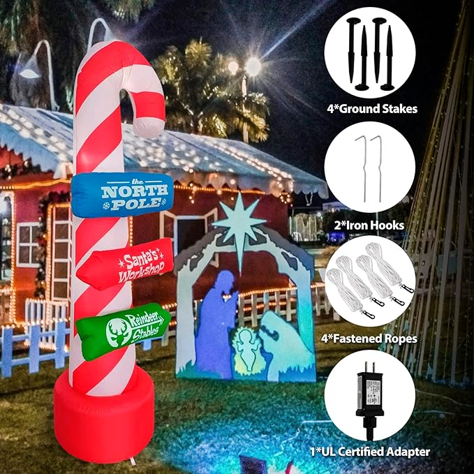8ft Outdoor Candy Cane Stacking Sign Inflatables with LED Lights - Blow Up Yard, Garden, Lawn Decorations for Christmas Parties