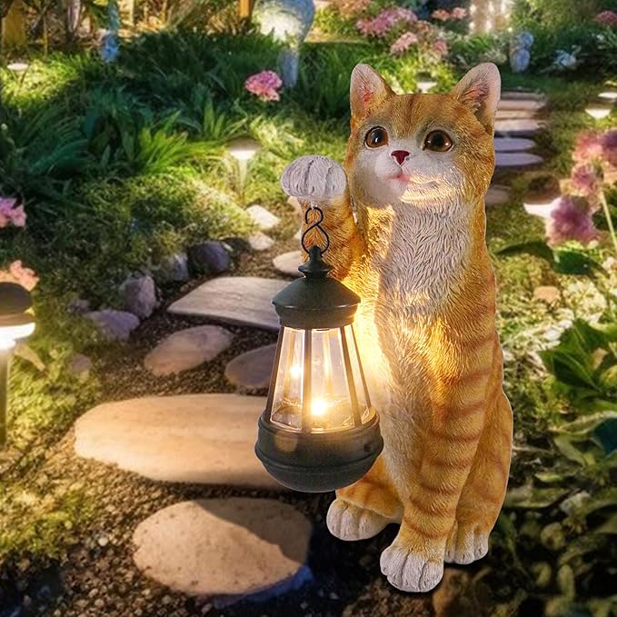 Solar Powered Outdoor Cat Garden Statue, Crafted Garden Sculptures & Statues for Patio, Yard, Lawn, Gardening Gifts for Women and Mom(11" Cat)