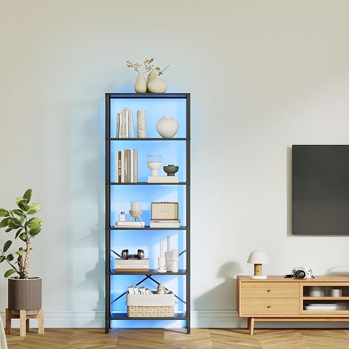 6-Tier Bookshelf, Tall Bookcase with LED Lights, Book Shelf with Steel Frame, 11.2" x 23.6" x 65.4", Display Storage Shelf for Living Room, Bedroom, Home Office, Study, Black