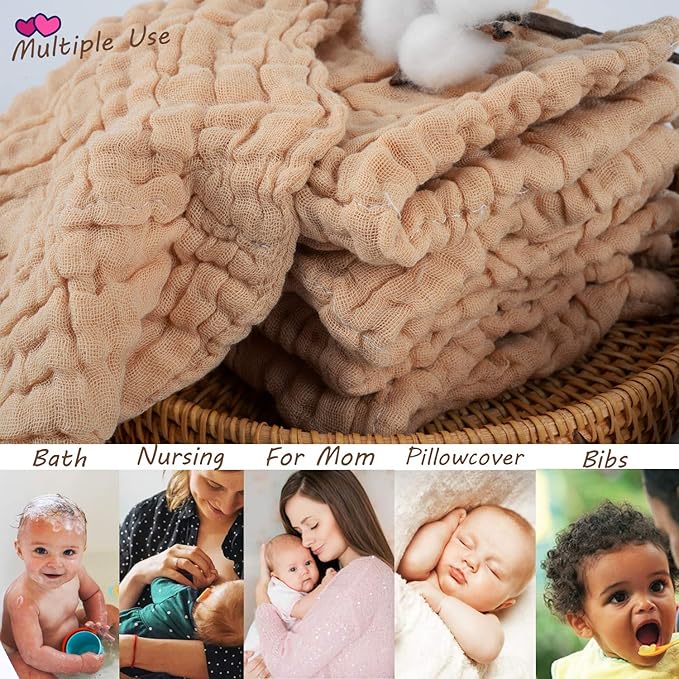 Baby Muslin Washcloths 100% Natural Unbleached Cotton, Extra Soft Baby Wipes Burp Cloths Small Face Towels Spit Up Rags for Newborns Infants Sensitive Skin, Shower Gift Set 12x12 inches 5 Pcs