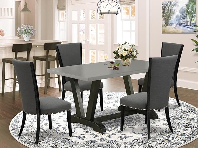East West Furniture V696VE650-5 5 Piece Dining Set Includes a Rectangle Dining Room Table with V-Legs and 4 Dark Gotham Linen Fabric Parsons Chairs, 36x60 Inch, Multi-Color