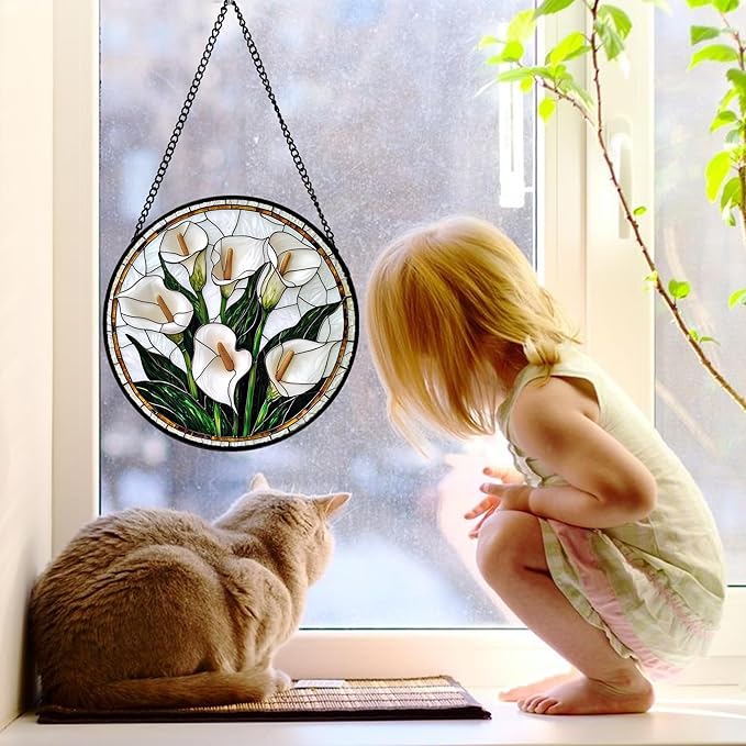 Stained Glass Window Hanging, White Calla Lily Flowers Sun Catchers Glass Panel Plant Suncatcher Decor for Birthday for Women, Men, Wife, Aunt, and Mom 9.8 in