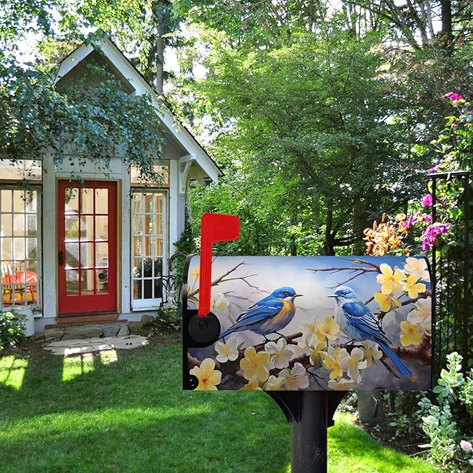 Spring Mailbox Covers Magnetic Large Size Bluebirds Mailbox Post Cover Summer Floral Bird Mail Box Wraps Bluebird Mailboxs Decor Waterproof for Garden Yard Oversized 25.5 X 21 Inch