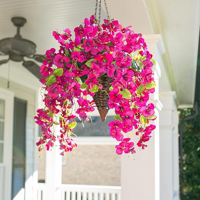 Artificial Hibiscus Fake Hanging Flowers Plants for Outdoors Spring Summer Decor, 2pcs Fuchsia Silk Hibiscus Long Trailing Vines UV Resistant Realistic Faux Flower for Outside Front Door Porch Patio