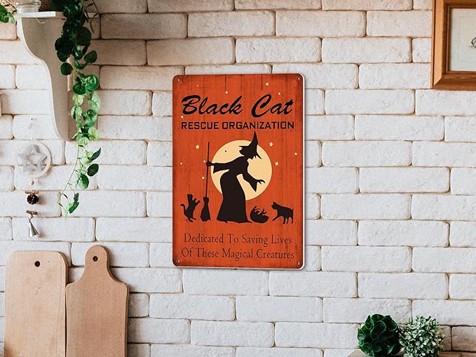 Halloween Decor Black Cats Rescue Metal Sign Vintage Tin Sign Party Decoration Gothic Room Decor 8X12 Inch