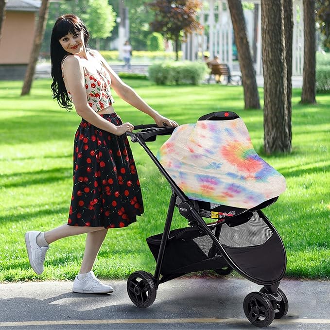 Pastel Tie Dye Circle Pattern Rainbow Swirl Spiral Stripe Stretchy Baby Car Seat Cover Infant Canopy Nursing Covers Breastfeeding Cover Breathable Windproof Winter Scarf for Boys Girls