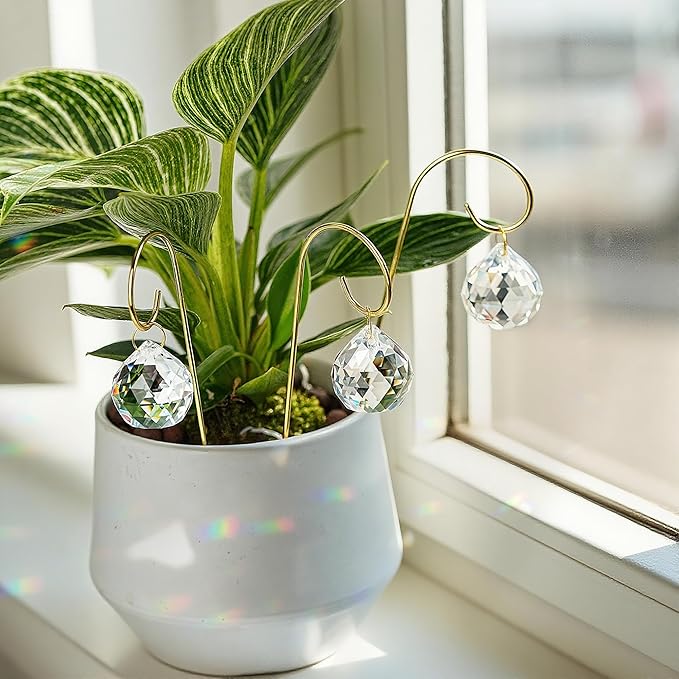 HDCRYSTALGIFTS 9pcs 30mm Crystal Ball Prism Suncatchers with 7.5'' Gold Plant Pot Trellis for Miniature Garden and Potted Plant Decorations, Fairy Garden Sun Catchers for Indoor Plants Accessories