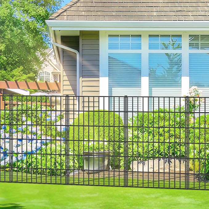Metal Garden Fence 40in (H) x 18.7ft (L), 8 Panels + 9 Stakes Dog Fence Border Fence Animal Barrier, No Dig Garden Fencing for Yard Flower Bed Lawn Patio Outdoor, PIN402808 Black