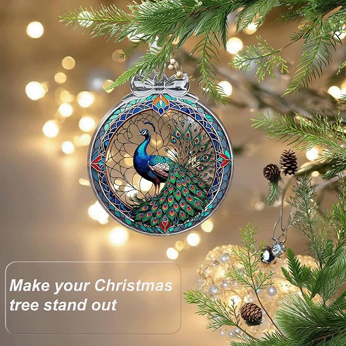 Peacock Christmas Ornament Glass- Hanging Ornaments for Christmas Tree, Christmas Ornaments Xmas Decorations for Peacock Lovers, Holiday Keepsake Present Exchange Ideas