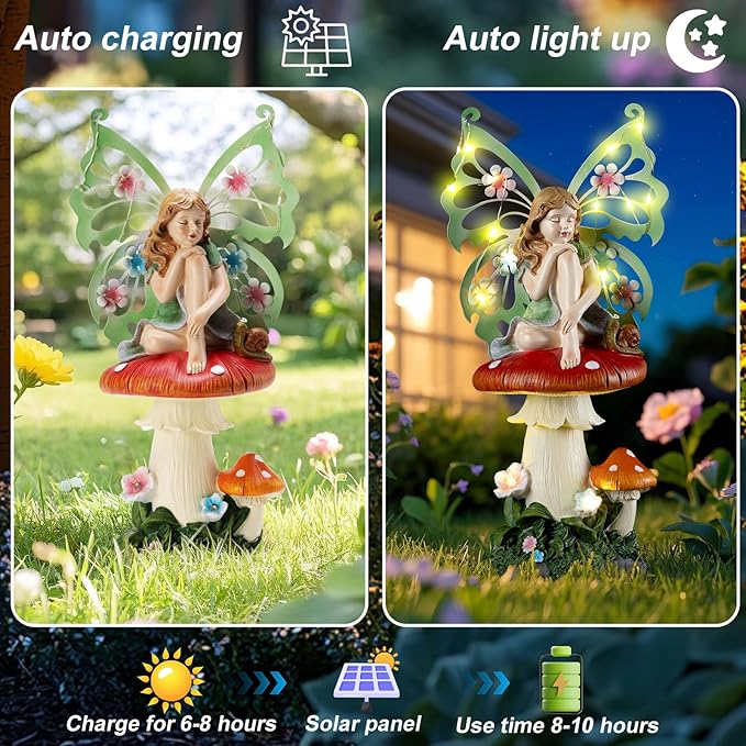 Solar Fairy Garden Decor Flower Fairies Mushroom Figurines with Snail Decor Gifts for Women Mom Miniature Fairy Figurine for Lawn Garden Patio Yard Decorations Outdoor Statue