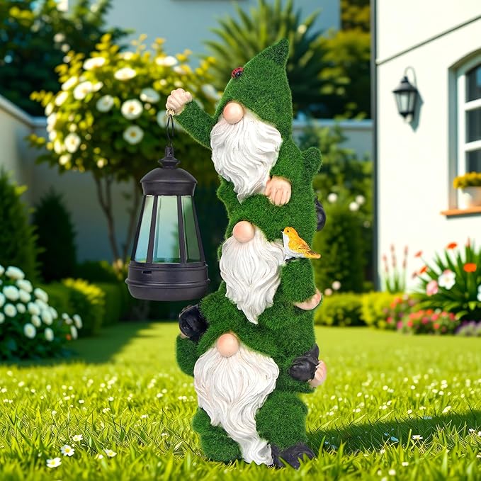 Solar Gnomes Garden Statues,Resin Flocked Gnome Figurine Holding Solar Lights Lantern,Unique Birthday Housewarming Gifts for Women, Mom, Grandma