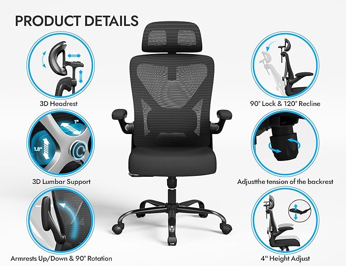 Ergonomic Office Chair - X-Shaped Computer Desk Chair Comfy, Gaming Chair, Office Chair with Lumbar Support, Mesh Office Chairs with Headrests, Desk Chair for Long Hours (Black Silver)