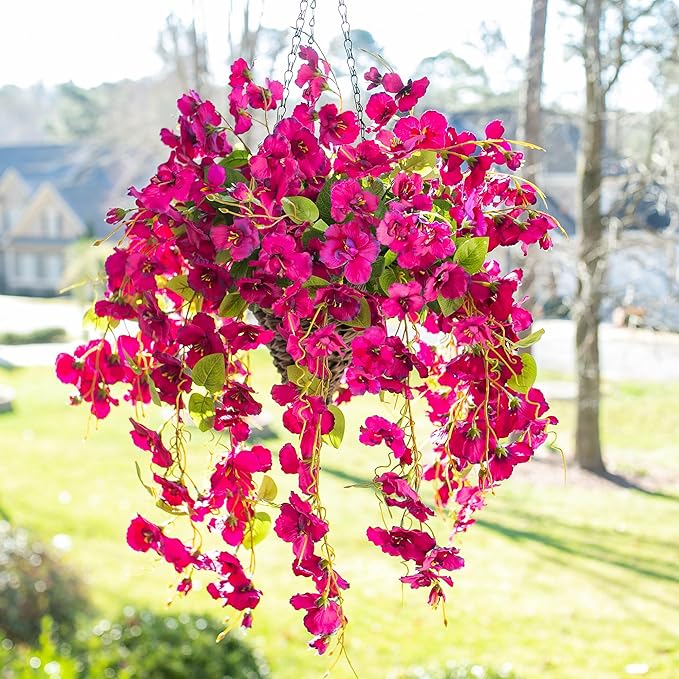 Artificial Hibiscus Fake Hanging Flowers Plants for Outdoors Spring Summer Decor, 2pcs Fuchsia Silk Hibiscus Long Trailing Vines UV Resistant Realistic Faux Flower for Outside Front Door Porch Patio