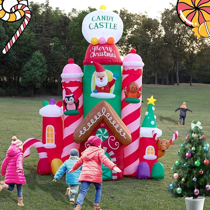 Hioasis 10 FT Christmas Inflatable Decorations,Gaint Candy Castle Inflatable with Santa,Reindeer,Penguin,Gingerbread - Blow Up Yard Outdoor Decorations with LED Lights Built-in,Perfect for Christmas