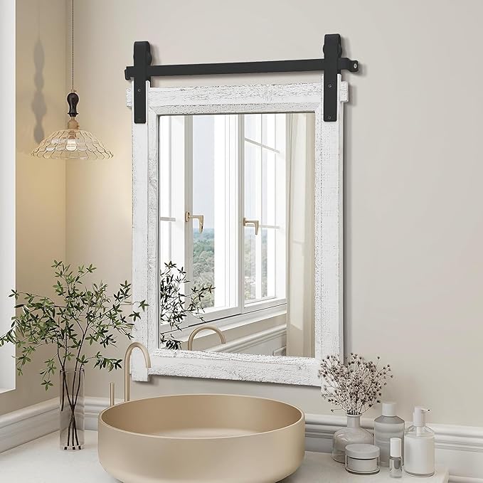 Farmhouse Barn Door Mirror: 22"x30" White Rustic Wood Frame Mirror for Wall - Home Decor for Entryway/Bathroom/Living Room
