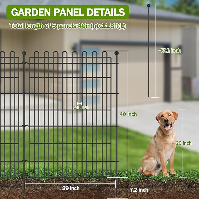 5 Panels No Dig Decorative Garden Fence with Gate for Yard, 40 in(H) X 11.8 ft(L) Animal Barrier Fencing for Outdoor Dog, Metal Portable Garden Fences for Borders, Pets, Landscape, Temporary Fence