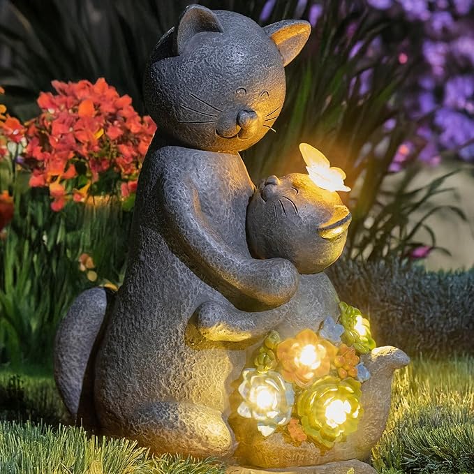 Solar Garden Statues Loving Cat Figurine Lights for Outside, Yard Decorations Outdoor, Garden Decor Unique Mothers Day Birthday Housewarming Gifts for Mom, Women