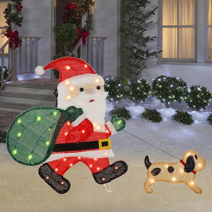 WATERGLIDE Lighted Christmas Santa Claus with Puppy, 26.5 Inch Pre-Lit 2D Tinsel Santa Walking Dog Xmas Outdoor Yard Decor with Lights, Light Up & Plug in for Festive Xmas Holiday Garden Lawn Display