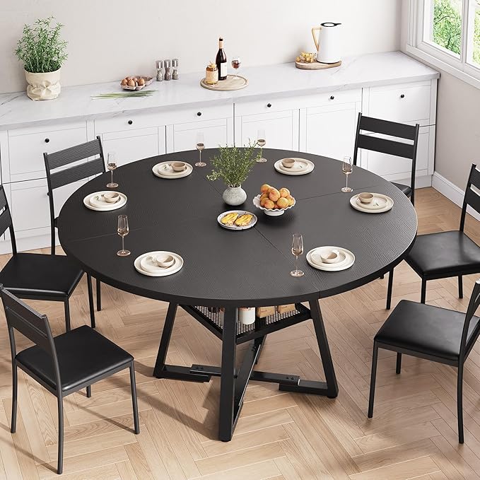 51'' Round Dining Table for 6,Kitchen Dining Room Circle Dinner Pedestal Table,Space Saving Wood Kitchen & Dining Room Furniture (Black, 51In)
