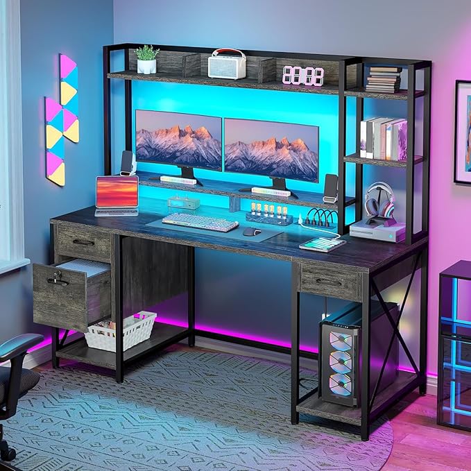 DWVO Computer Desk with Drawers & Hutch, 59.1" Office Desk with Power Outlets & LED Lights, Home Office Desk with Storage Shelves, Grey