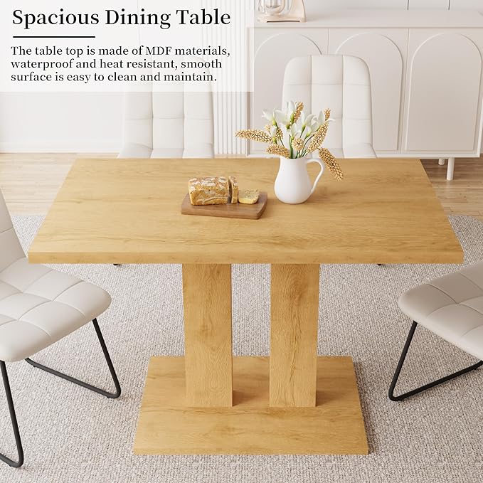 Dining Table Set for 4-6 People, 46 Inch Modern MDF Oak Kitchen Table with 4 Faux Leather Chairs, Rectangular Dining Room Table Set for Home, Small Spaces, Breakfast Nook (Oak Table + 4 White Chairs)