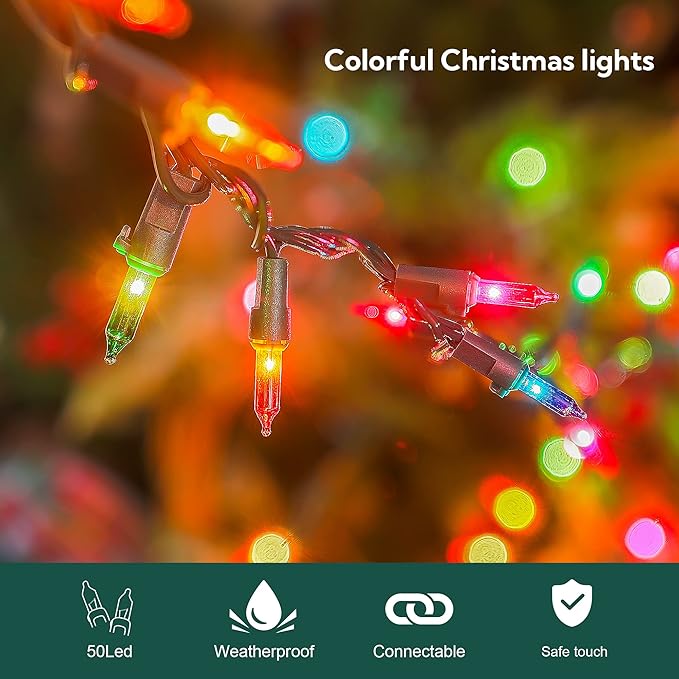 50-Count Multicolor Christmas Lights with Green Wire,Mini String Lights for Holiday Decorations, Christmas Tree Lights, Holiday Party, Wedding, Xmas, Home, Indoor & Outdoor Use (13ft Long)