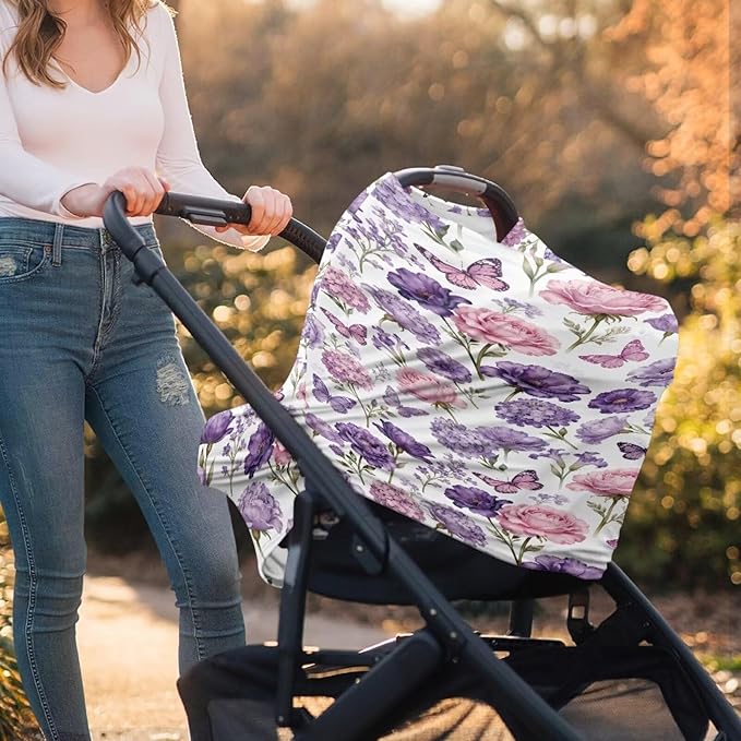 Rose Flower Butterfly Nursing Cover Carseat Covers Baby Car Seat Cover for Girls Boys, Stretchy Car Seat Canopy Multiuse Nursing Breastfeeding Protectors, All-in-1