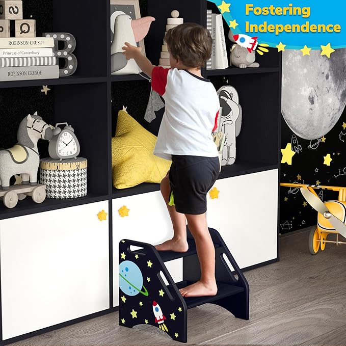 AMBIRD Toddler Step Stool, Space Wooden Two Step Stool for Kids with Non-Slip Pads, Portable Potty Training Stool with Handles for Bathroom, Sink, Kitchen, Bedroom